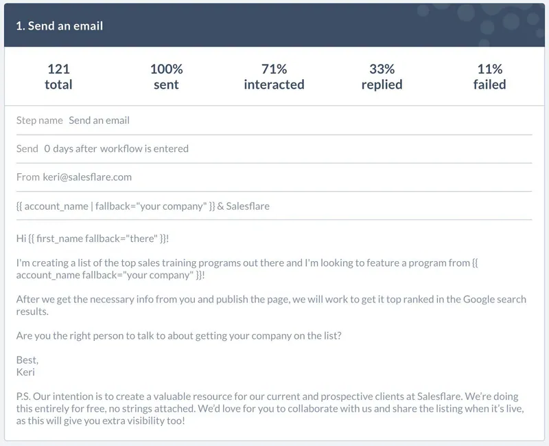 Step 1 of the consultancies sequence, 33% replied: an invite onto a top sales training programs list, no strings attached