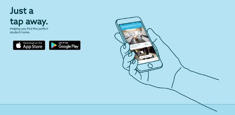 لافتة Bubble Student: «على بُعد نقرة واحدة. نساعدك في العثور على المنزل الطلابي المثالي»، مع شارات App Store وGoogle Play