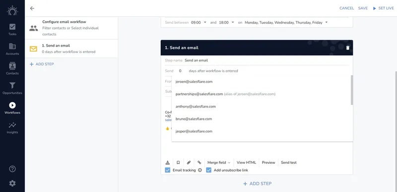 قائمة «من» المنسدلة في إحدى خطوات سير عمل Salesflare، وتعرض عناوين البريد الإلكتروني لخمسة من أعضاء الفريق للإرسال باسمهم