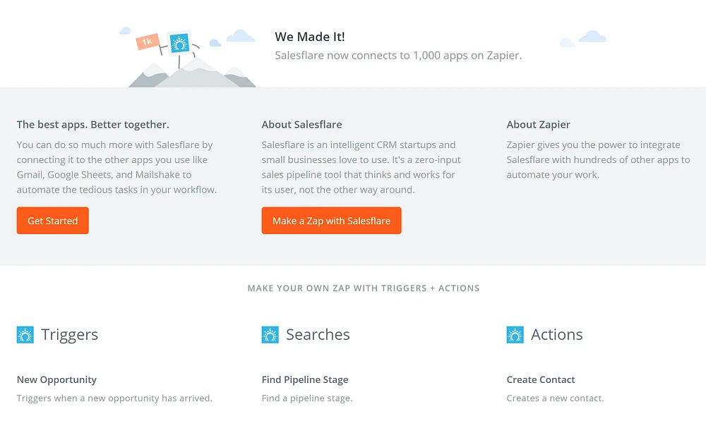 страница Salesflare в Zapier: «Мы сделали это! Теперь Salesflare подключается к 1000 приложениям в Zapier» — с триггерами, поиском и действиями
