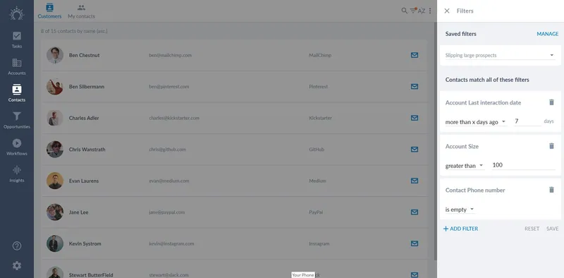 لوحة المُرشِّحات في Salesflare مع المُرشِّح المحفوظ: عملاء محتملون كبار يتراجع تفاعلهم: لا تفاعل منذ أكثر من 7 أيام، والحجم يتجاوز 100