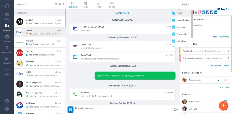 الخط الزمني لحساب في Salesflare مع فتح قائمة المُرشِّح الجديدة التي تتضمن رسائل البريد الإلكتروني والملاحظات الداخلية والاجتماعات والمكالمات الهاتفية والنقرات على الروابط