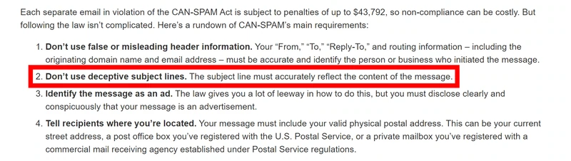 Список требований CAN-SPAM с выделенным красной рамкой пунктом «Не используй вводящие в заблуждение темы писем»; штраф — до 43 792 долларов за каждое письмо