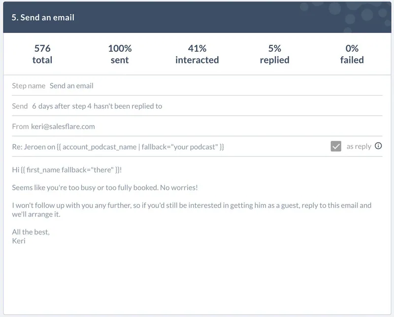Step 5, the breakup email of the podcast sequence, 5% replied: a last chance to book Jeroen as a guest