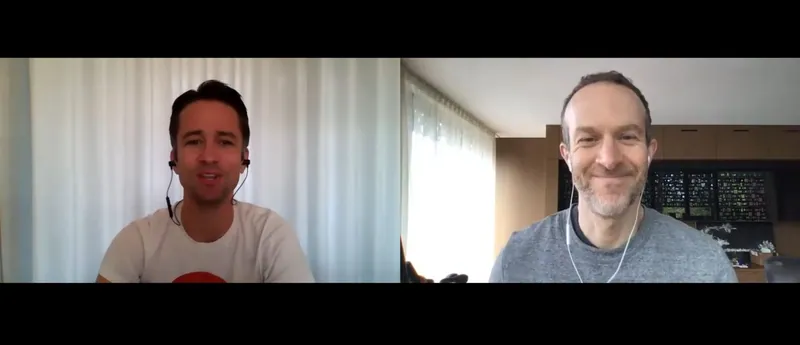 Ecrã dividido da entrevista gravada: Jeroen do Salesflare à esquerda, Jason Fried da Basecamp à direita