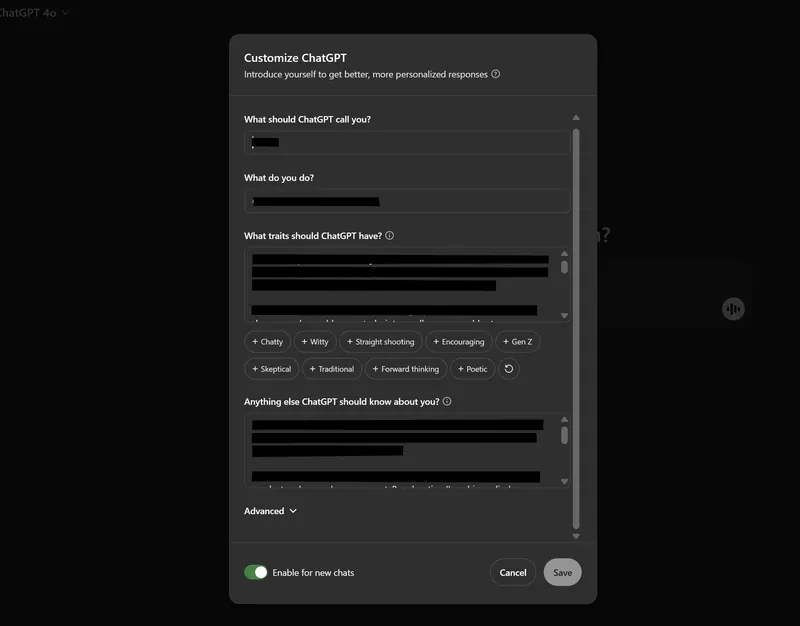 ChatGPT custom instructions