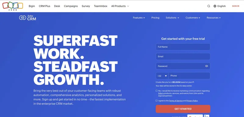 Zoho CRM's homepage