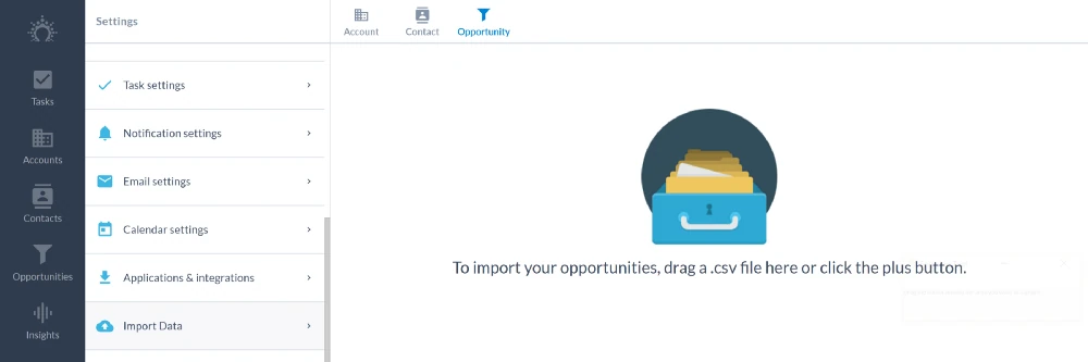 Impostazioni “Import Data” di Salesflare, scheda Opportunity, con l'invito a trascinare un file .csv