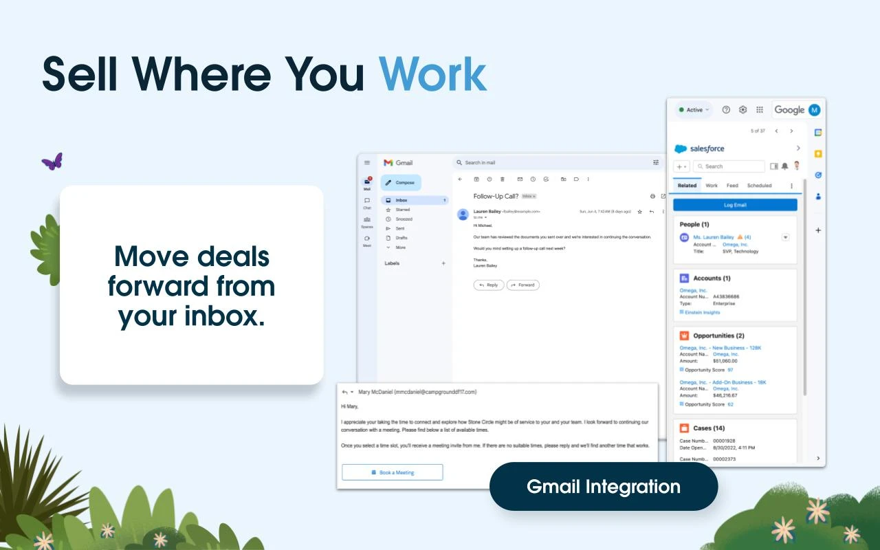 Barra lateral de Salesforce en Gmail mostrando registros del CRM junto a un correo electrónico