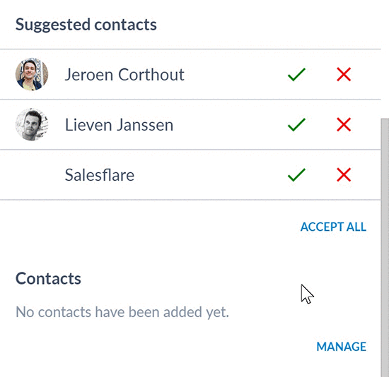 Contacts suggérés sur la plateforme Salesflare CRM